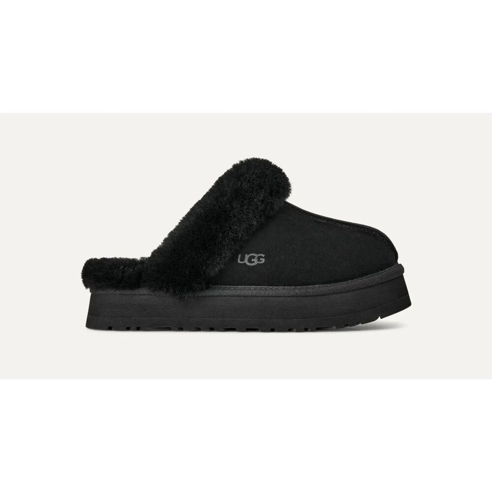 Ugg Women's Disquette Black Shearling Platform Slippers Clogs Size 8